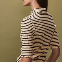 Load image into Gallery viewer, Black/Ecru Ribbed Lettuce Hem Collared Polo Top