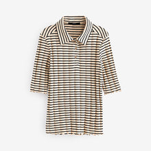Load image into Gallery viewer, Black/Ecru Ribbed Lettuce Hem Collared Polo Top