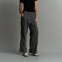 Load image into Gallery viewer, Black 100% Cotton Adjustable Waist Cargo Trousers