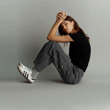 Load image into Gallery viewer, Black 100% Cotton Adjustable Waist Cargo Trousers