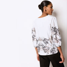 Load image into Gallery viewer, White/Black Floral Placement Linen Blend V-Neck 3/4 Sleeve Blouse