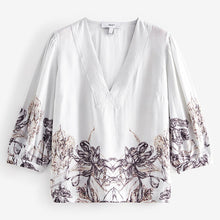 Load image into Gallery viewer, White/Black Floral Placement Linen Blend V-Neck 3/4 Sleeve Blouse