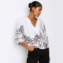 Load image into Gallery viewer, White/Black Floral Placement Linen Blend V-Neck 3/4 Sleeve Blouse