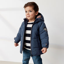 Load image into Gallery viewer, Navy Borg Fleece Lined Shower Resistant Hooded Padded Coat (3mths-6yrs)