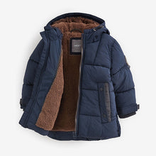 Load image into Gallery viewer, Navy Borg Fleece Lined Shower Resistant Hooded Padded Coat (3mths-6yrs)