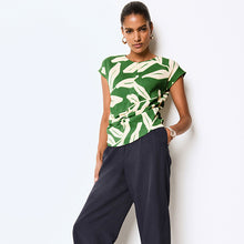 Load image into Gallery viewer, Green Print Short Sleeve Ruched Front Textured T-Shirt