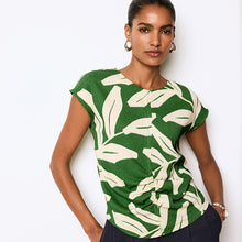 Load image into Gallery viewer, Green Print Short Sleeve Ruched Front Textured T-Shirt