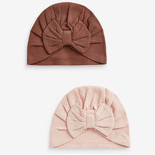 Load image into Gallery viewer, Pink/Rust Baby Bow Turban 100% Cotton Hats 2 Pack (0mths-18mths)