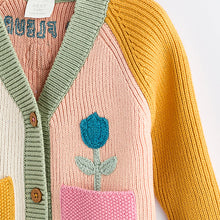 Load image into Gallery viewer, Pink/Yellow Colourblock Baby Embroidered Knitted 100% Cotton Cardigan (0mths-12mths)