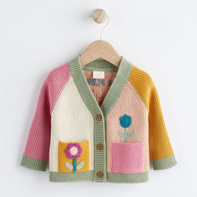 Load image into Gallery viewer, Pink/Yellow Colourblock Baby Embroidered Knitted 100% Cotton Cardigan (0mths-12mths)