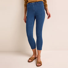 Load image into Gallery viewer, Blue Dark Wash Cropped Denim Jersey Leggings