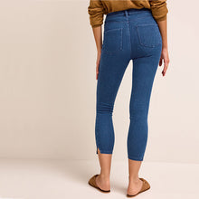 Load image into Gallery viewer, Blue Dark Wash Cropped Denim Jersey Leggings