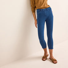 Load image into Gallery viewer, Blue Dark Wash Cropped Denim Jersey Leggings