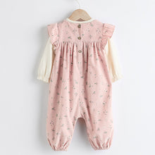 Load image into Gallery viewer, Pink Floral Baby Corduroy 100% Cotton Dungarees and Long Sleeve Bodysuit Set (0mths-18mths)