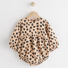 Load image into Gallery viewer, Tan Brown Leopard Print Baby Bloomer Romper with Tights Set (0mths-18mths)