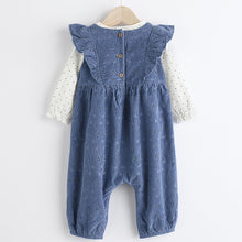 Load image into Gallery viewer, Navy Blue Broderie Baby Corduroy 100% Cotton Dungarees and Long Sleeve Bodysuit Set (0mths-18mths)