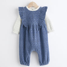 Load image into Gallery viewer, Navy Blue Broderie Baby Corduroy 100% Cotton Dungarees and Long Sleeve Bodysuit Set (0mths-18mths)