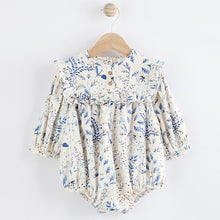 Load image into Gallery viewer, Blue Floral Baby Bloomer 100% Cotton Romper with Tights Set