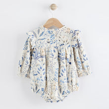 Load image into Gallery viewer, Blue Floral Baby Bloomer 100% Cotton Romper with Tights Set