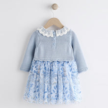 Load image into Gallery viewer, Blue Floral 2-in-1 Long Sleeve Knitted Jumper Frill Collar Mesh Dress (0mths-18mths)