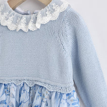 Load image into Gallery viewer, Blue Floral 2-in-1 Long Sleeve Knitted Jumper Frill Collar Mesh Dress (0mths-18mths)