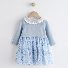 Load image into Gallery viewer, Blue Floral 2-in-1 Long Sleeve Knitted Jumper Frill Collar Mesh Dress (0mths-18mths)