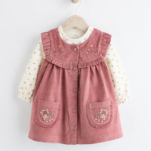 Load image into Gallery viewer, Pink Embroidered Baby Corduroy Pinafore 100% Cotton Dress With Tights (0mths-18mths)
