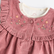 Load image into Gallery viewer, Pink Embroidered Baby Corduroy Pinafore 100% Cotton Dress With Tights (0mths-18mths)