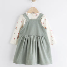 Load image into Gallery viewer, Green Embroidered Baby Corduroy Pinafore 100% Cotton Dress With Tights (0mths-18mths)
