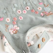 Load image into Gallery viewer, Green Embroidered Baby Corduroy Pinafore 100% Cotton Dress With Tights (0mths-18mths)