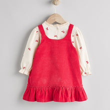 Load image into Gallery viewer, Red 3D Bow Baby Corduroy Pinafore 100% Cotton Dress With Tights (0mths-18mths)