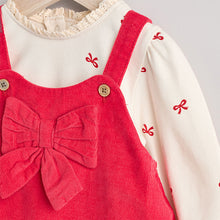 Load image into Gallery viewer, Red 3D Bow Baby Corduroy Pinafore 100% Cotton Dress With Tights (0mths-18mths)