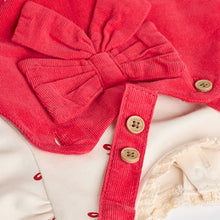 Load image into Gallery viewer, Red 3D Bow Baby Corduroy Pinafore 100% Cotton Dress With Tights (0mths-18mths)