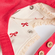 Load image into Gallery viewer, Red 3D Bow Baby Corduroy Pinafore 100% Cotton Dress With Tights (0mths-18mths)