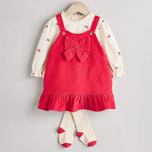 Load image into Gallery viewer, Red 3D Bow Baby Corduroy Pinafore 100% Cotton Dress With Tights (0mths-18mths)