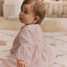 Load image into Gallery viewer, Pink Baby Collared Woven Dress With Tights (0mths-18mths)