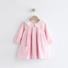 Load image into Gallery viewer, Pink Baby Collared Woven Dress With Tights (0mths-18mths)