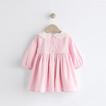 Load image into Gallery viewer, Pink Baby Collared Woven Dress With Tights (0mths-18mths)