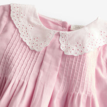 Load image into Gallery viewer, Pink Baby Collared Woven Dress With Tights (0mths-18mths)