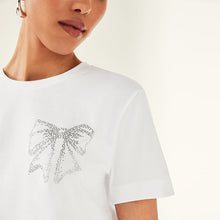 Load image into Gallery viewer, White 100% Cotton Bow Embellished T-Shirt