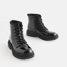 Load image into Gallery viewer, Black Patent Standard Fit (F) Warm Lined Lace-Up Ankle Boots