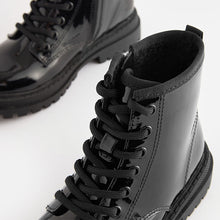Load image into Gallery viewer, Black Patent Standard Fit (F) Warm Lined Lace-Up Ankle Boots