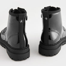 Load image into Gallery viewer, Black Patent Standard Fit (F) Warm Lined Lace-Up Ankle Boots