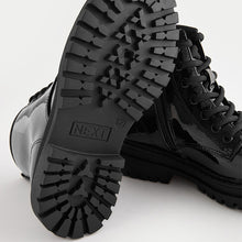 Load image into Gallery viewer, Black Patent Standard Fit (F) Warm Lined Lace-Up Ankle Boots