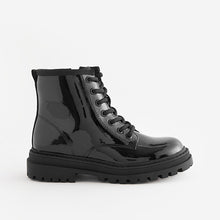 Load image into Gallery viewer, Black Patent Standard Fit (F) Warm Lined Lace-Up Ankle Boots