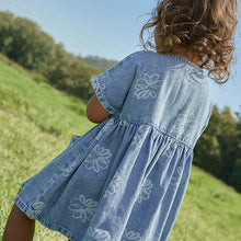 Load image into Gallery viewer, Blue Flower Denim Relaxed 100% Cotton Dress (3mths-6yrs)
