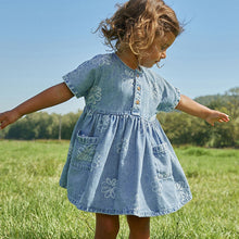 Load image into Gallery viewer, Blue Flower Denim Relaxed 100% Cotton Dress (3mths-6yrs)