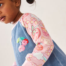 Load image into Gallery viewer, Pink Fruit Print 100% Cotton Raglan Denim Dress (6mths-6yrs)