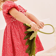 Load image into Gallery viewer, Red Ditsy Printed Lace Collar Shirred Cotton Dress (3mths-7yrs)