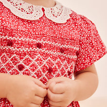 Load image into Gallery viewer, Red Ditsy Printed Lace Collar Shirred Cotton Dress (3mths-7yrs)